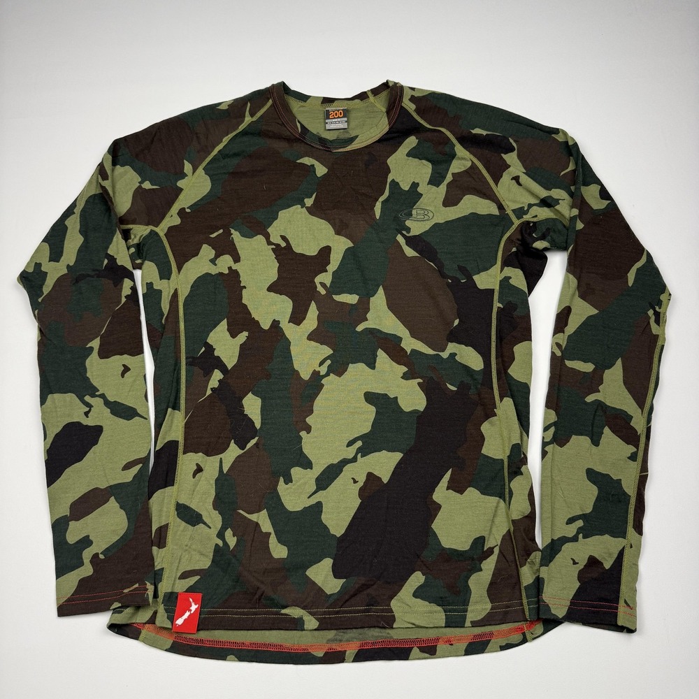 Icebreaker Shirt Mens XL Green Camo Long Sleeve Bodyfit 200 Merino Base Layer